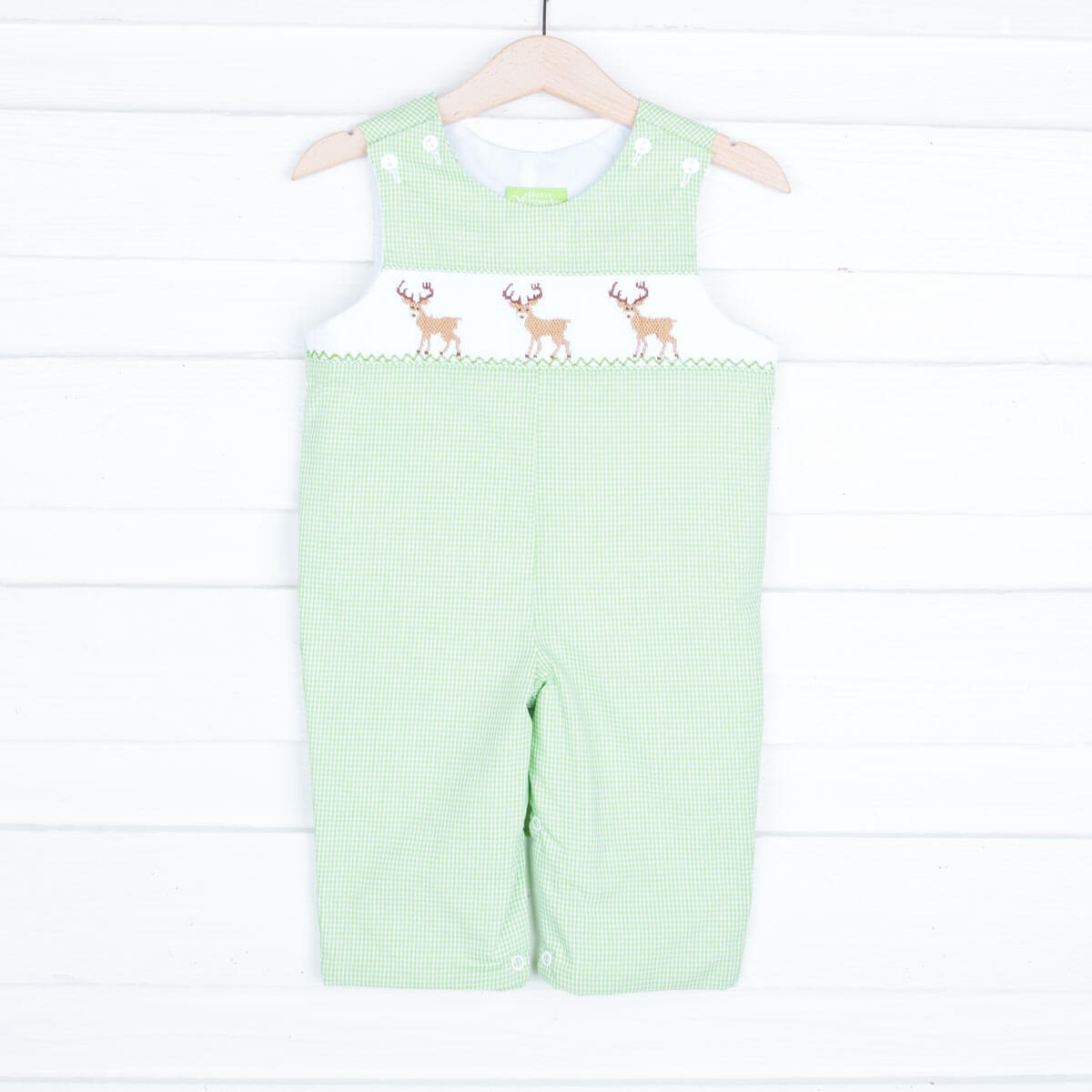 Deer Smocked Longall Green Gingham