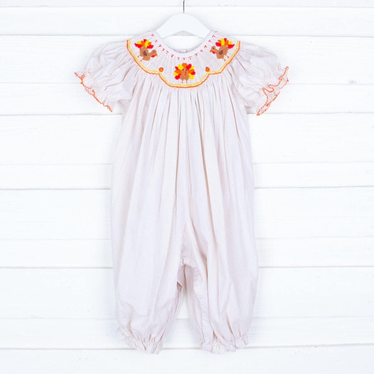 Smocked Turkey Khaki Gingham Long Bubble