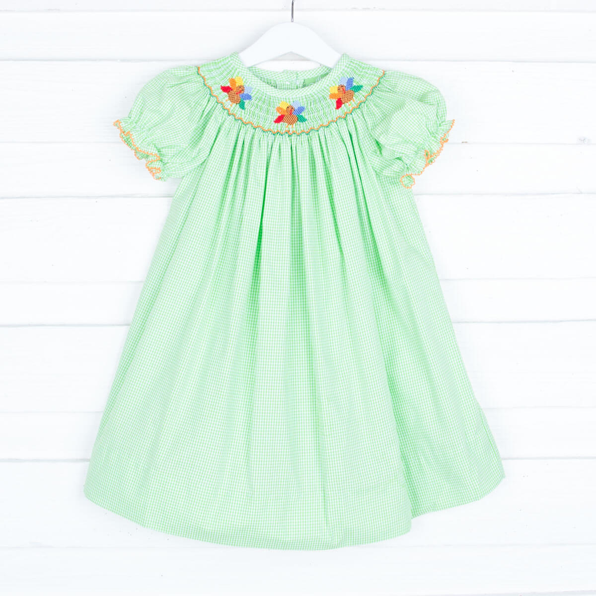 Smocked Turkey Lime Green Gingham Dress