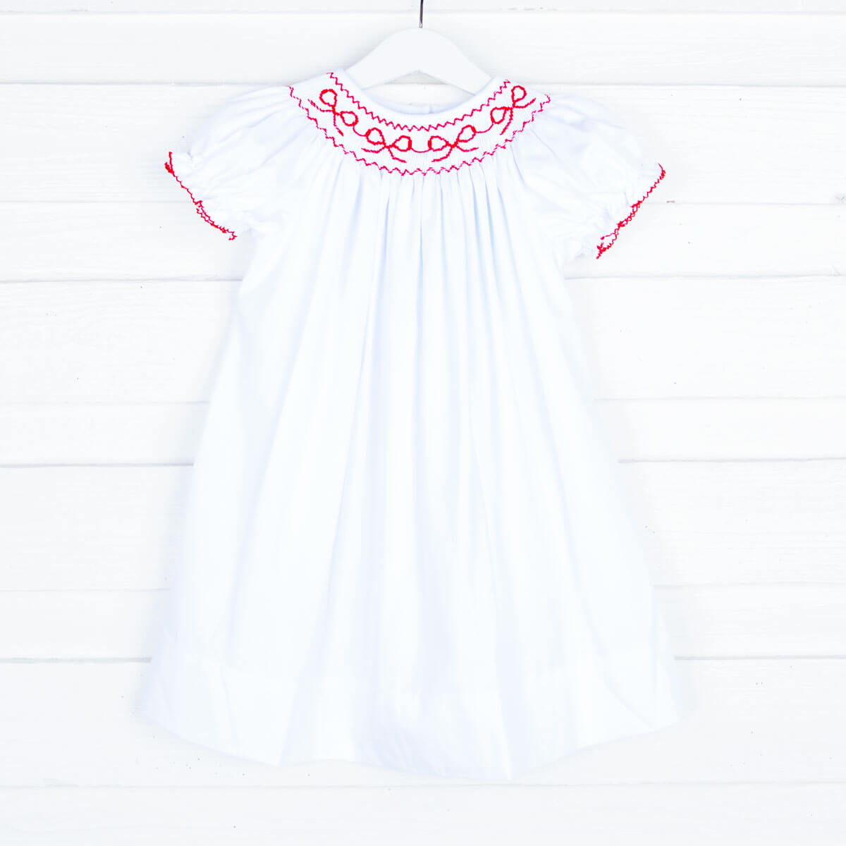 Smocked Red Bows White Dress