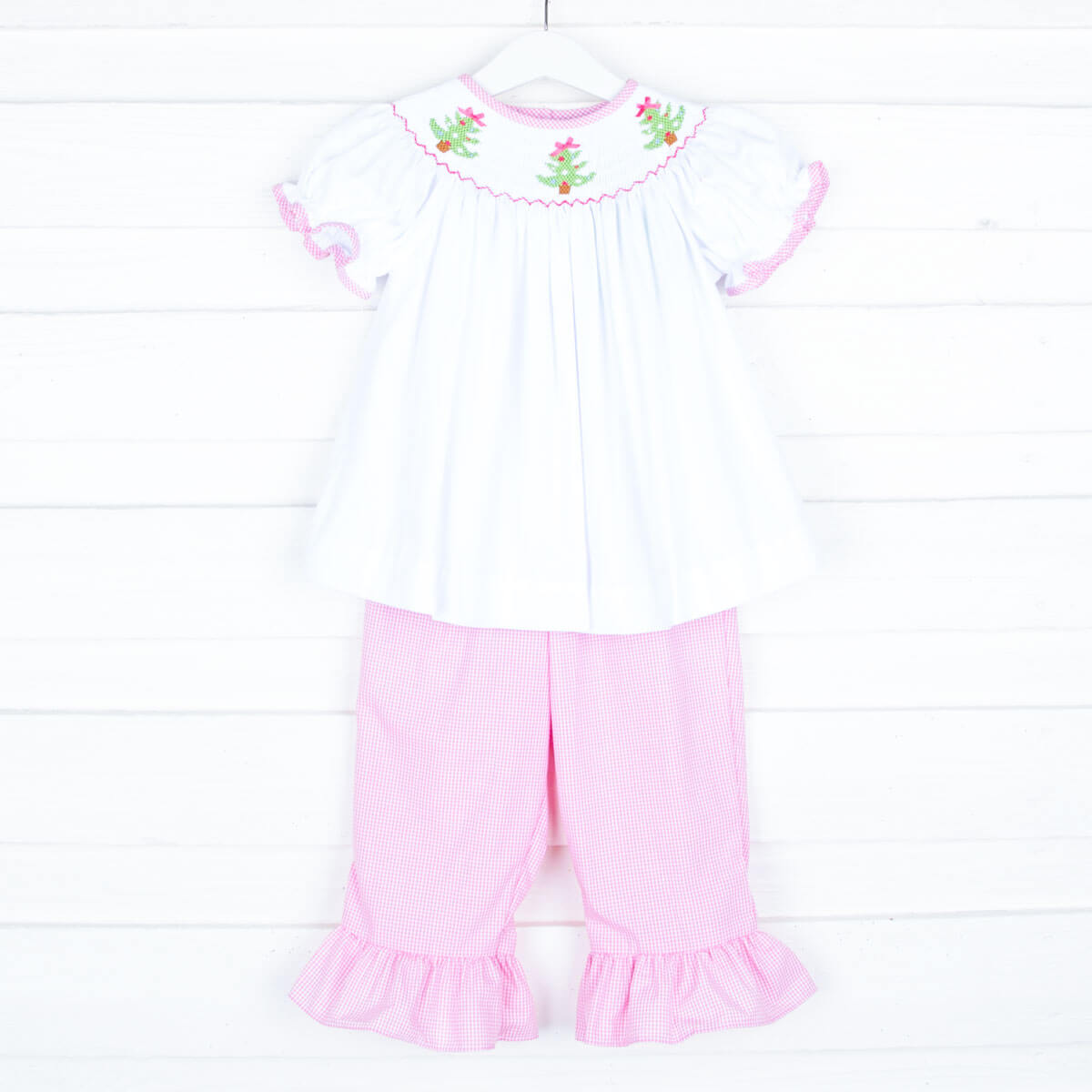 Smocked Trees White and Pink Pant Set