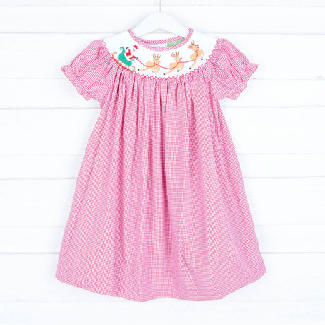 Santa's Magic Smocked Red Gingham Bishop Dress