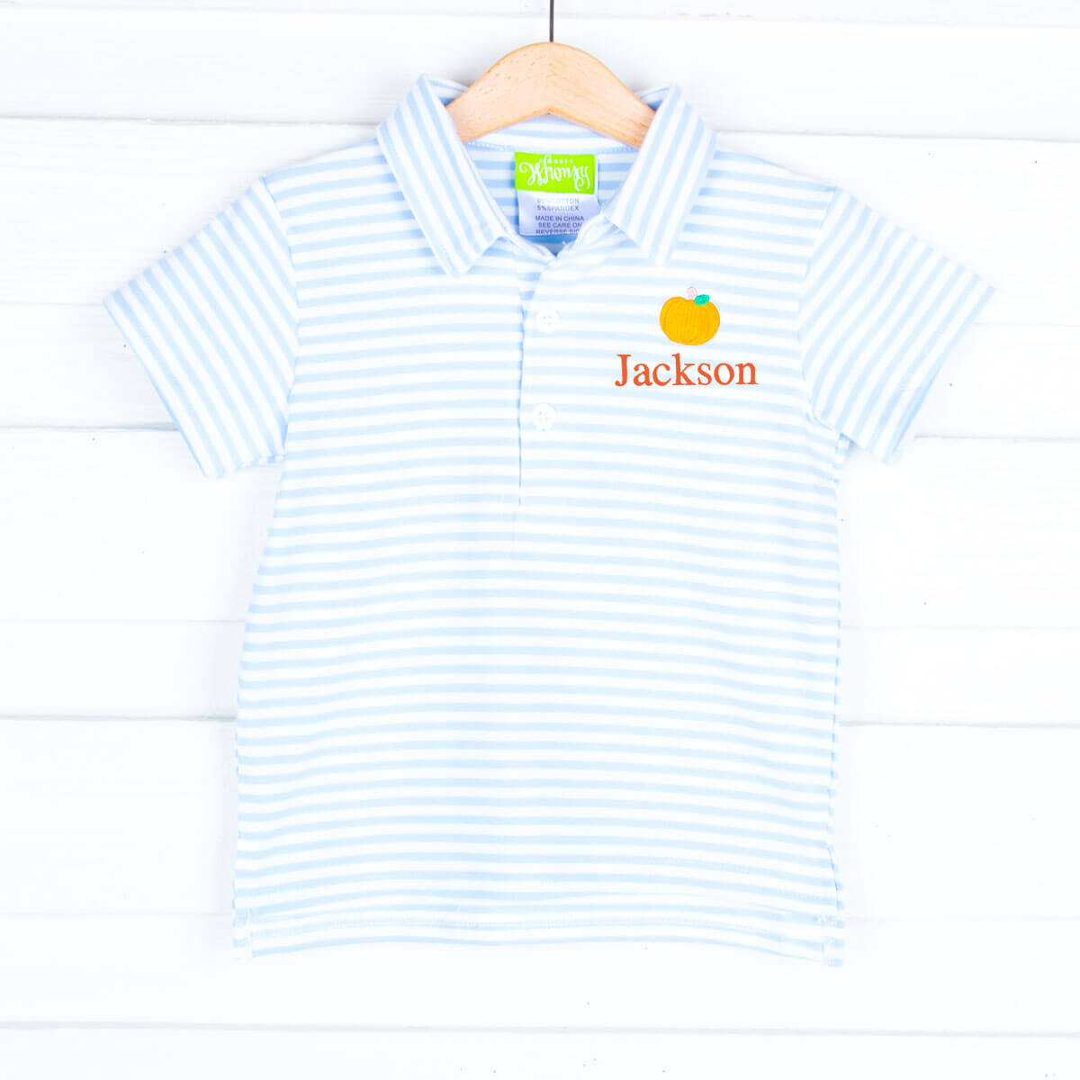 Pumpkin Embroidered Baby Blue Stripe Polo