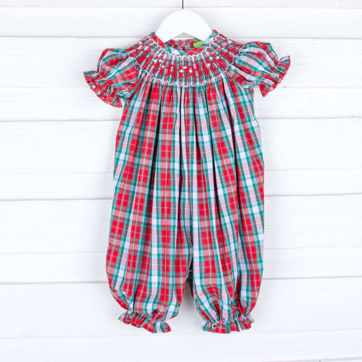 Geometric Smocked Red & Green Plaid Long Bubble