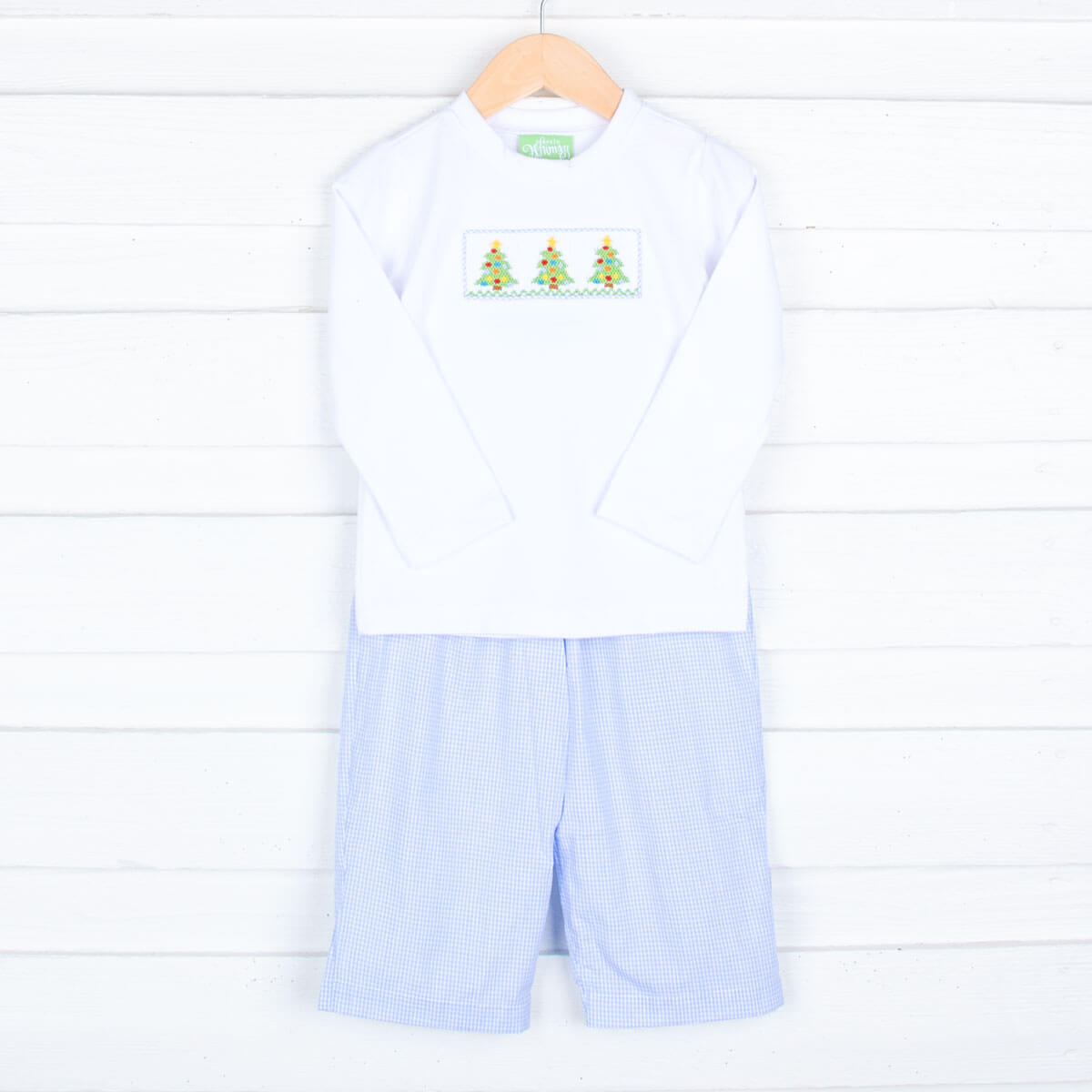Smocked Trees Light Blue Gingham Pant Set  Classic Whimsy