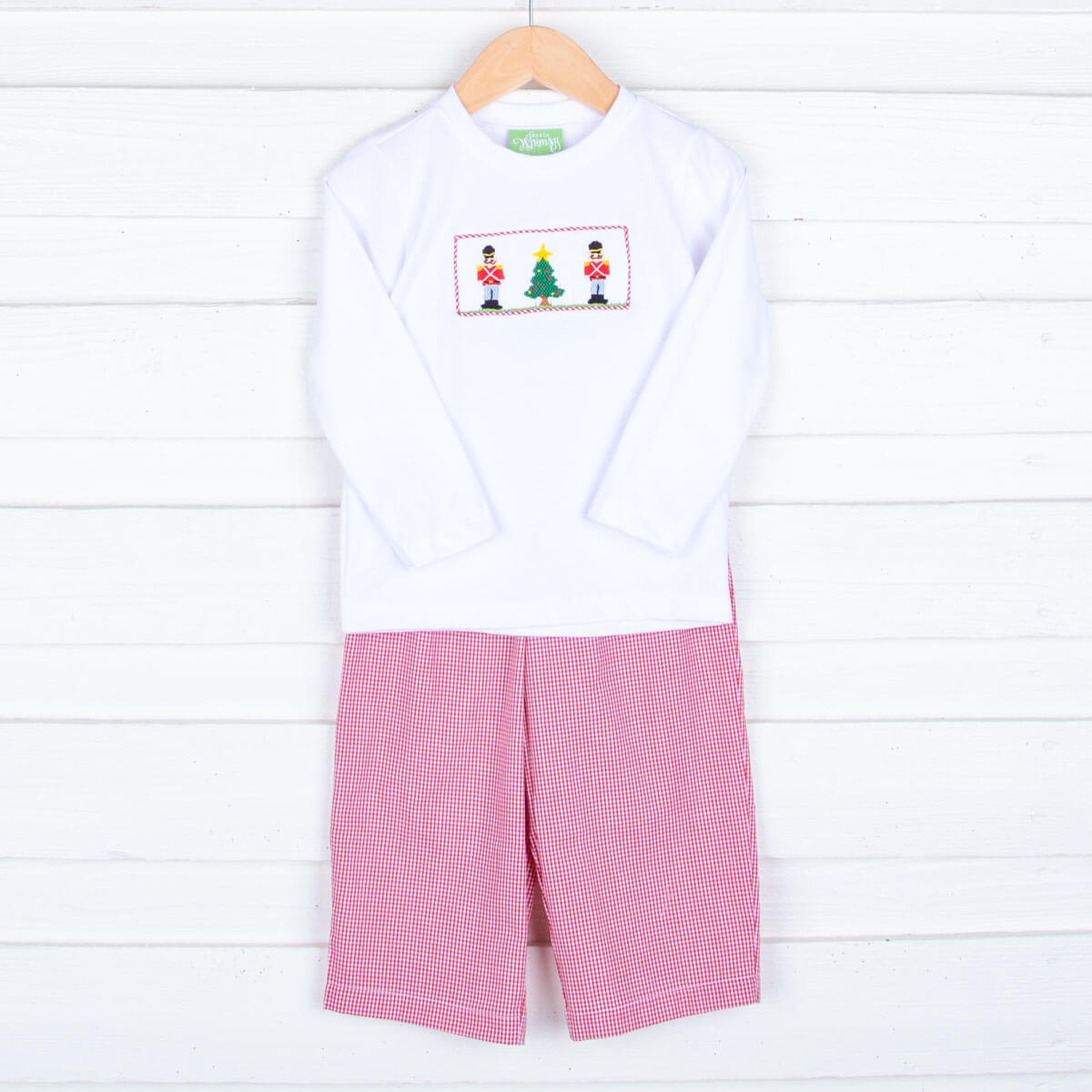 Smocked Toy Soldier and Tree Red Gingham Pant Set