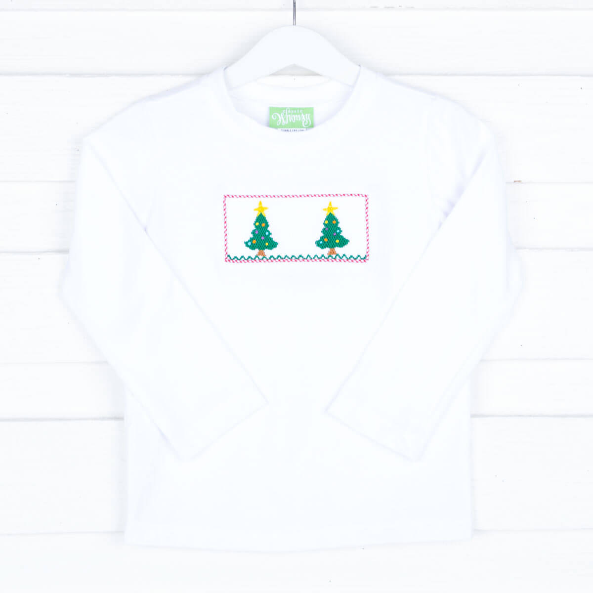 Christmas Tree Smocked White Long Sleeve Shirt