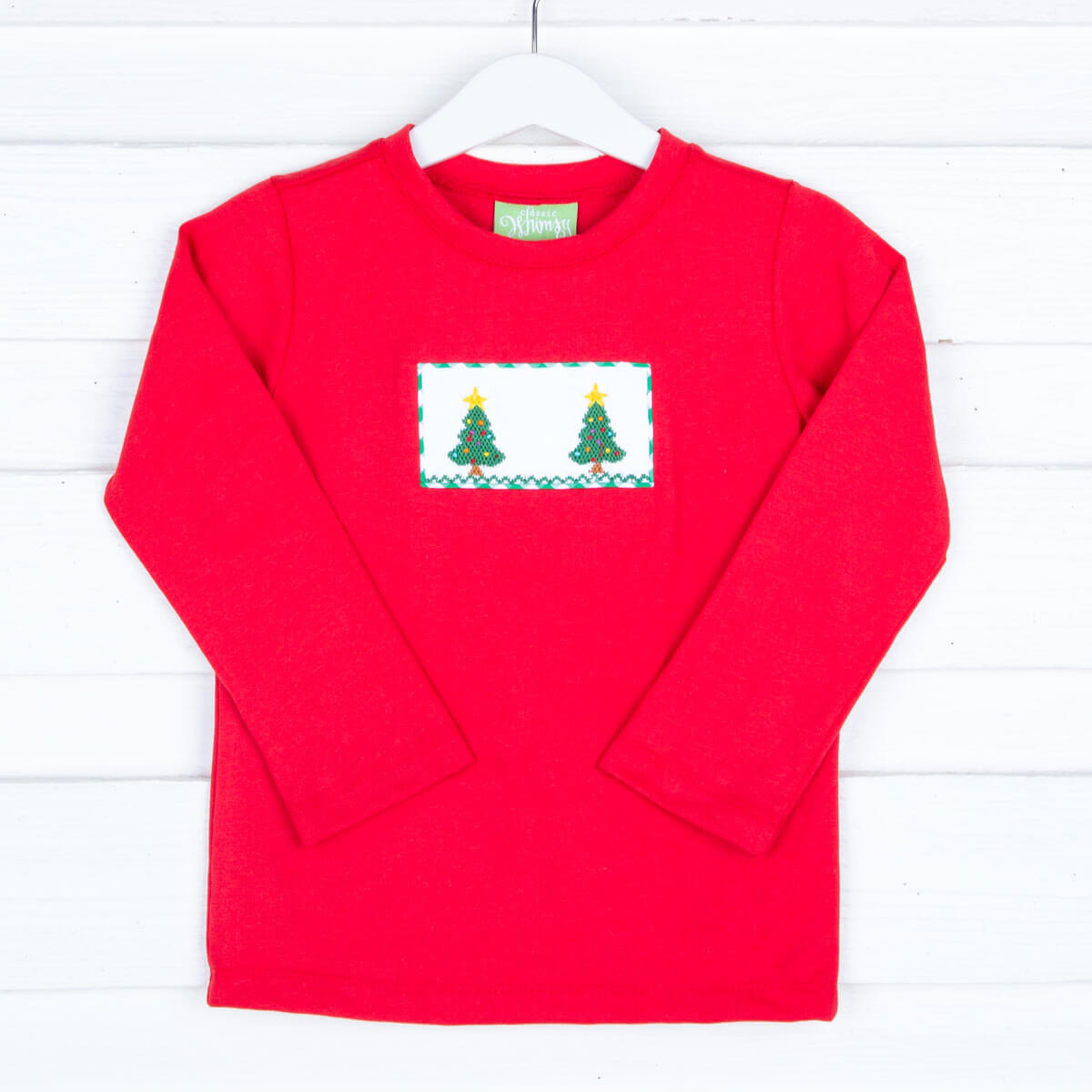Christmas Tree Smocked Red Long Sleeve Shirt