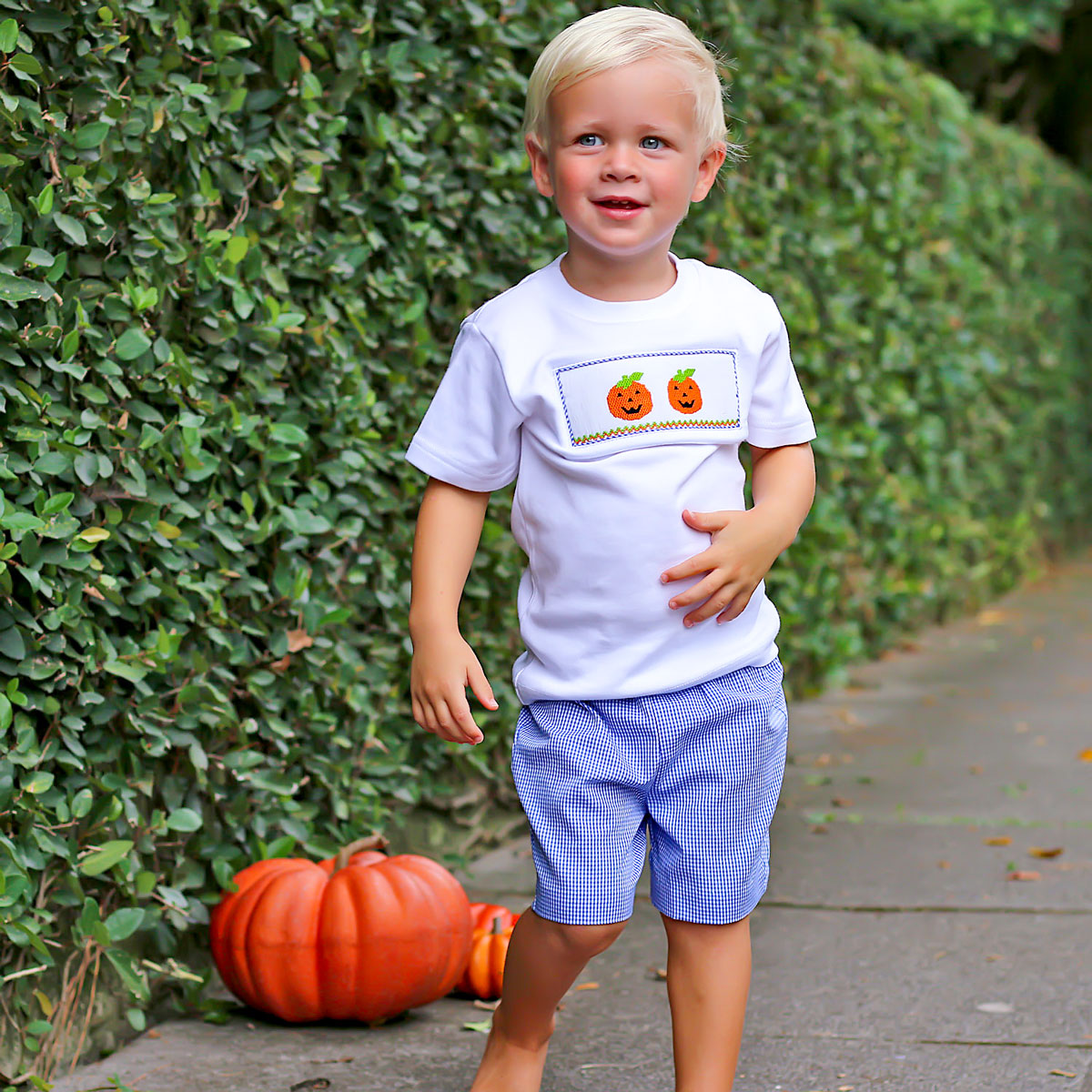 Smocked Jack O'Lantern Royal Short Set