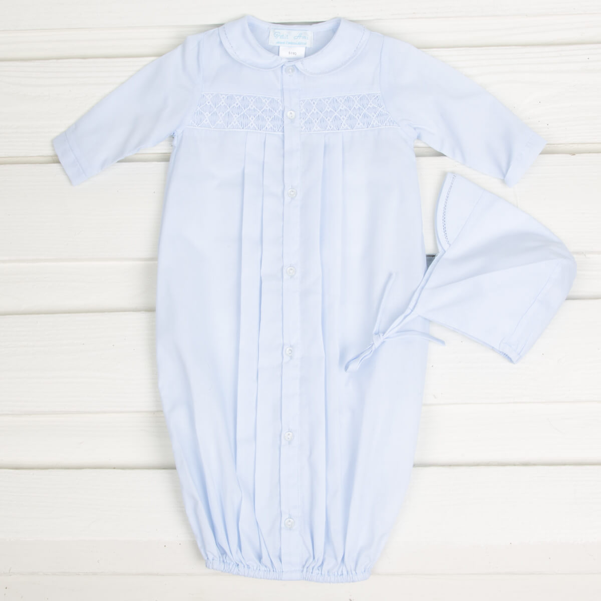 Geometric Smocked Long Sleeve Gown and Bonnet Set