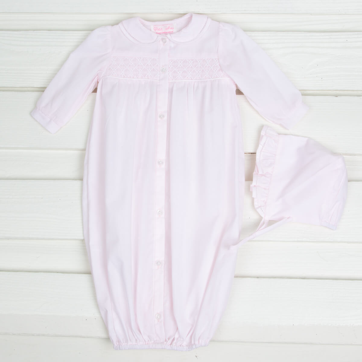 Geometric Smocked Long Sleeve Gown and Bonnet Set