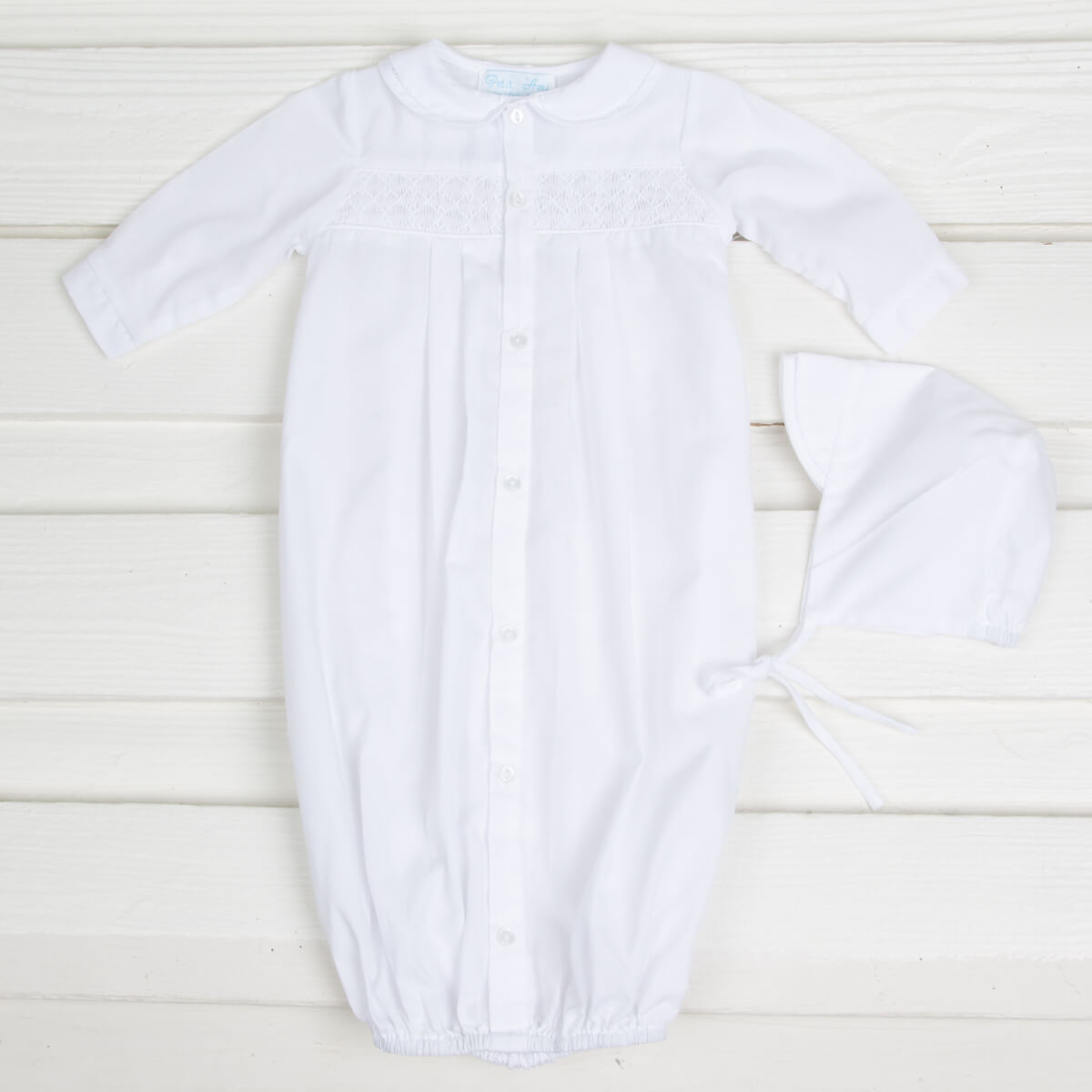 Geometric Smocked Long Sleeve Gown and Bonnet Set