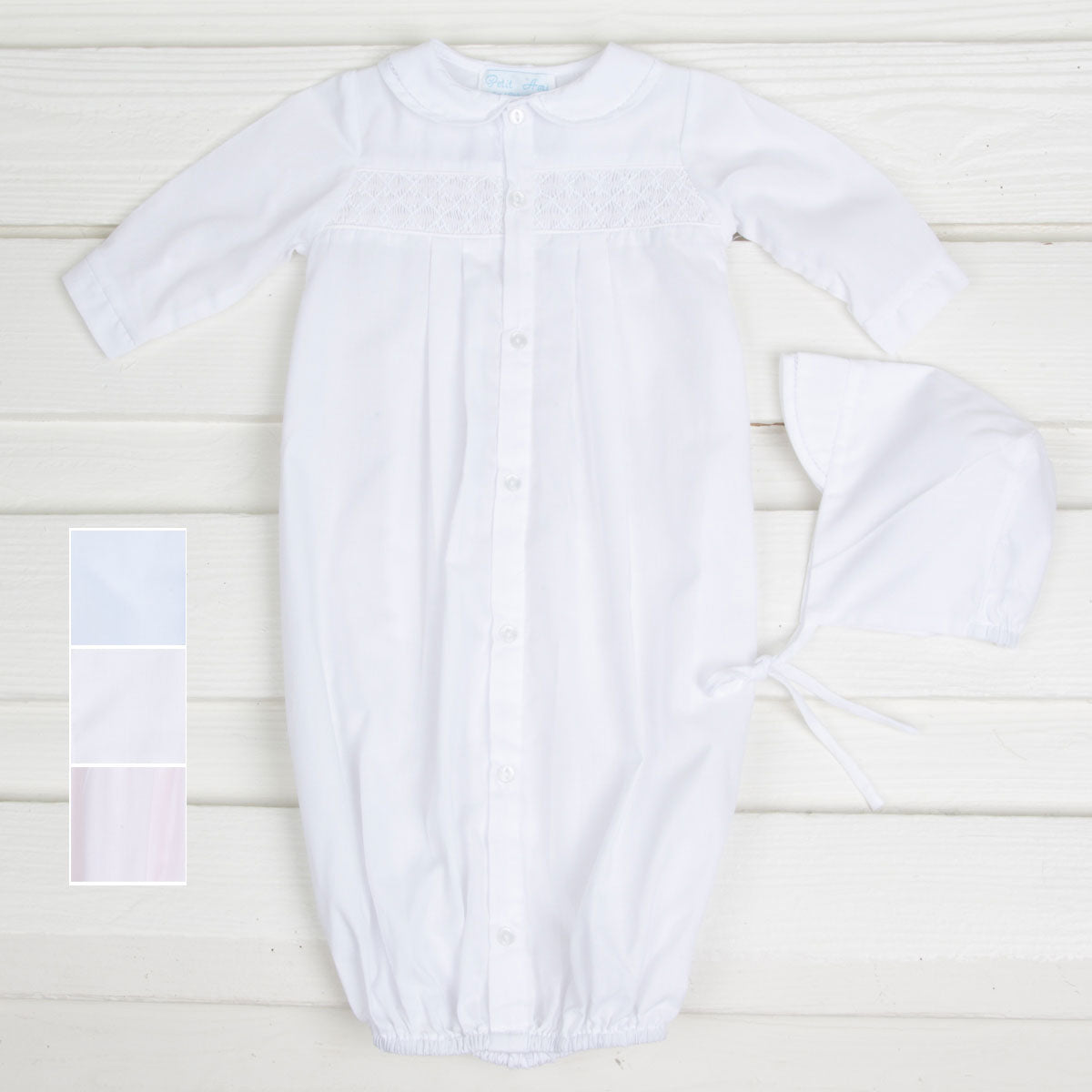 Geometric Smocked Long Sleeve Gown and Bonnet Set
