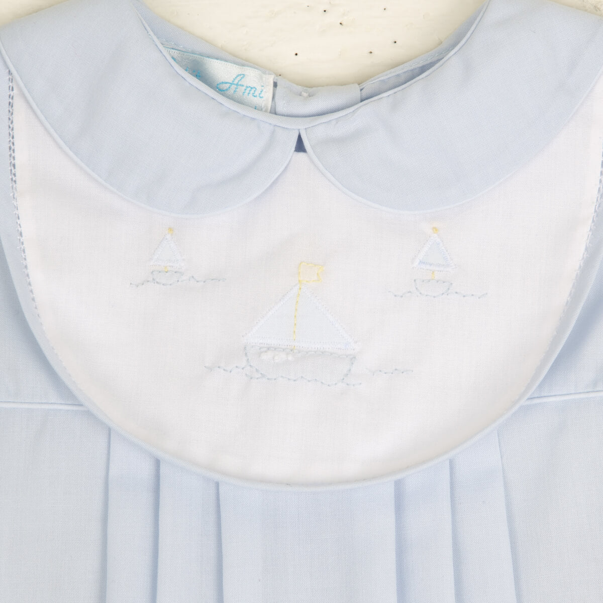 Sailboat Embroidered Pleated Bubble Light Blue