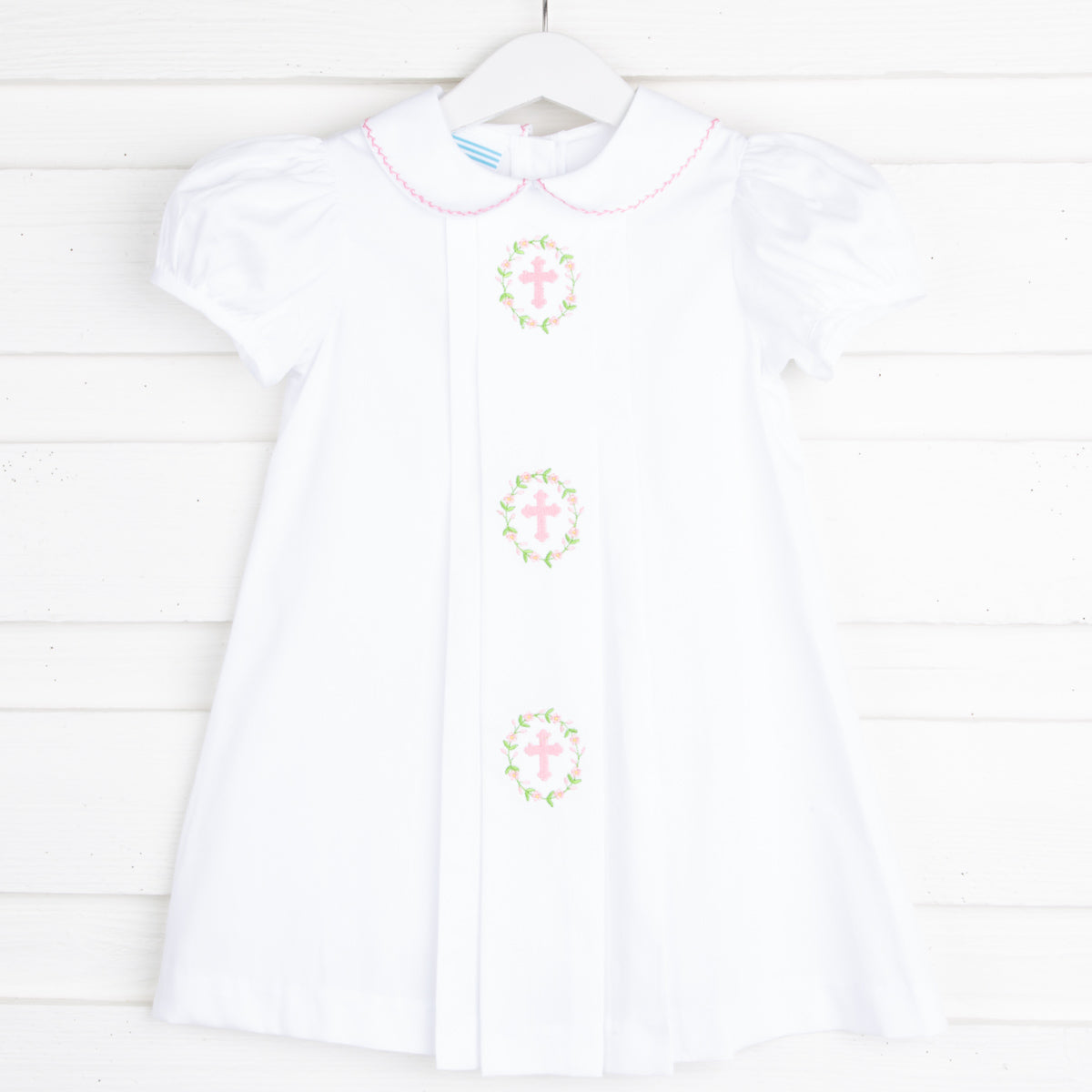 Cross and Wreath Embroidered Collared Dress White Pique