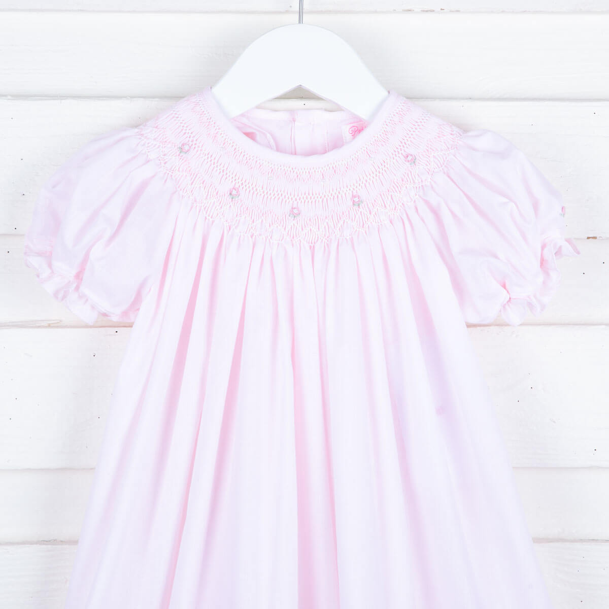 Geometric Smocked Rosebud Bishop Pink Day Gown