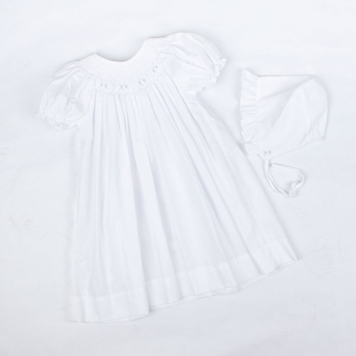 Geometric Smocked Rosebud Bishop White Day Gown