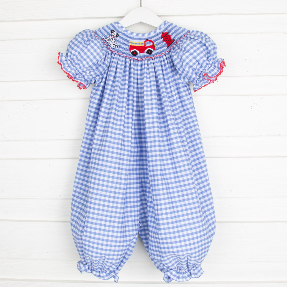 Puppy & Firetruck Smocked Long Bubble Light Blue Check