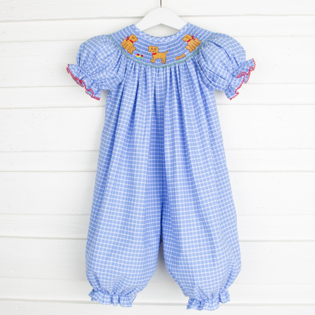 Playful Puppies Smocked Long Bubble Light Blue Windowpane