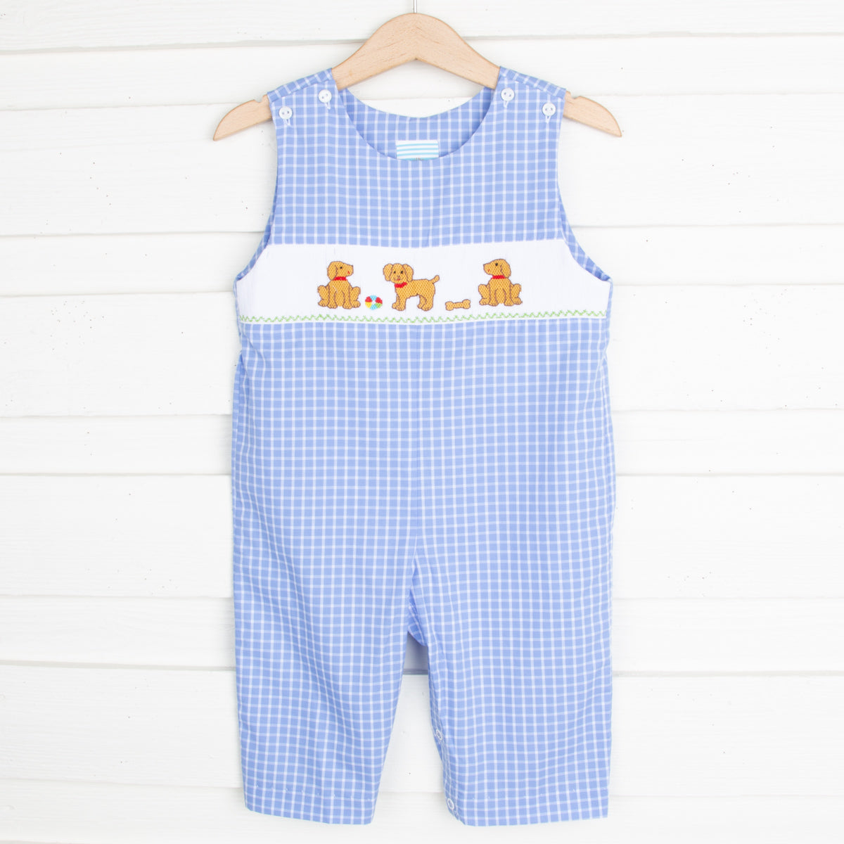 Playful Puppies Smocked Longall Light Blue Windowpane