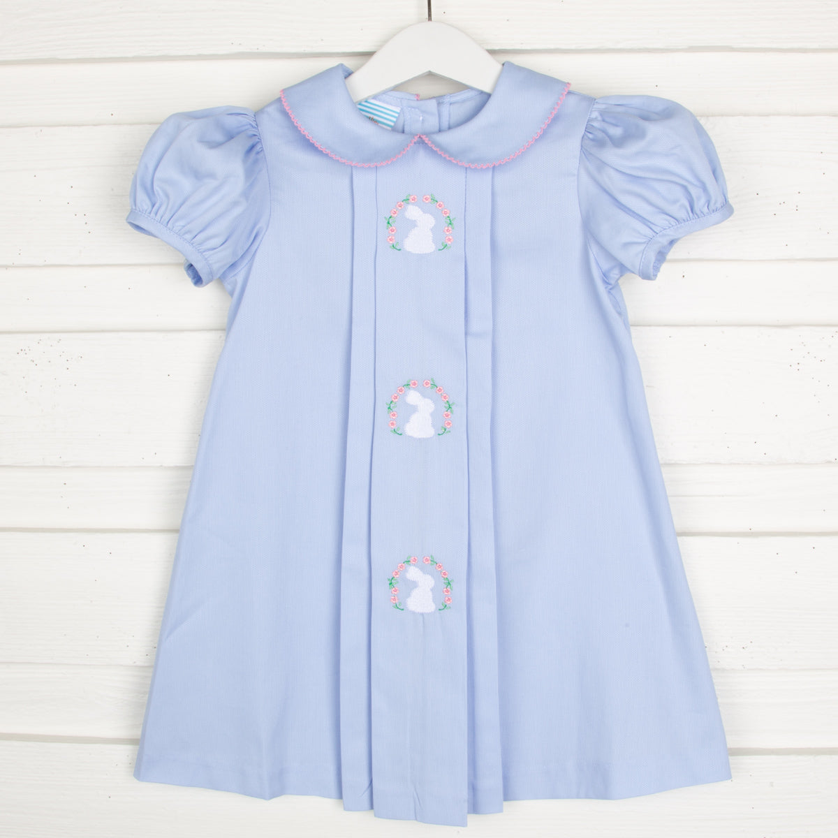 Bunny Wreath Pleated Dress Blue Pique