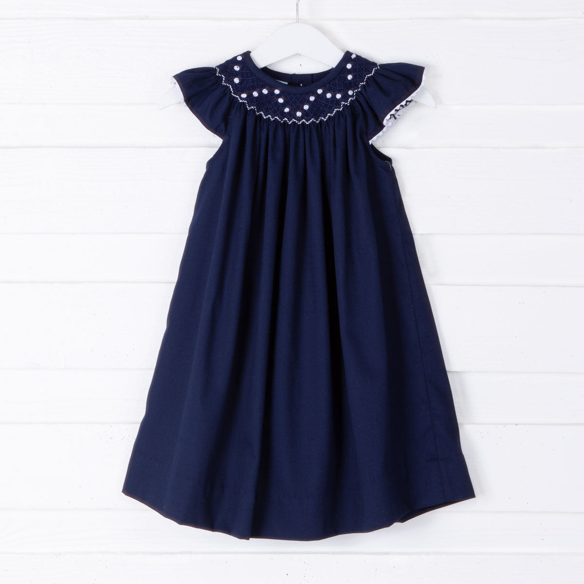 White Geometric Smocked Navy Dress