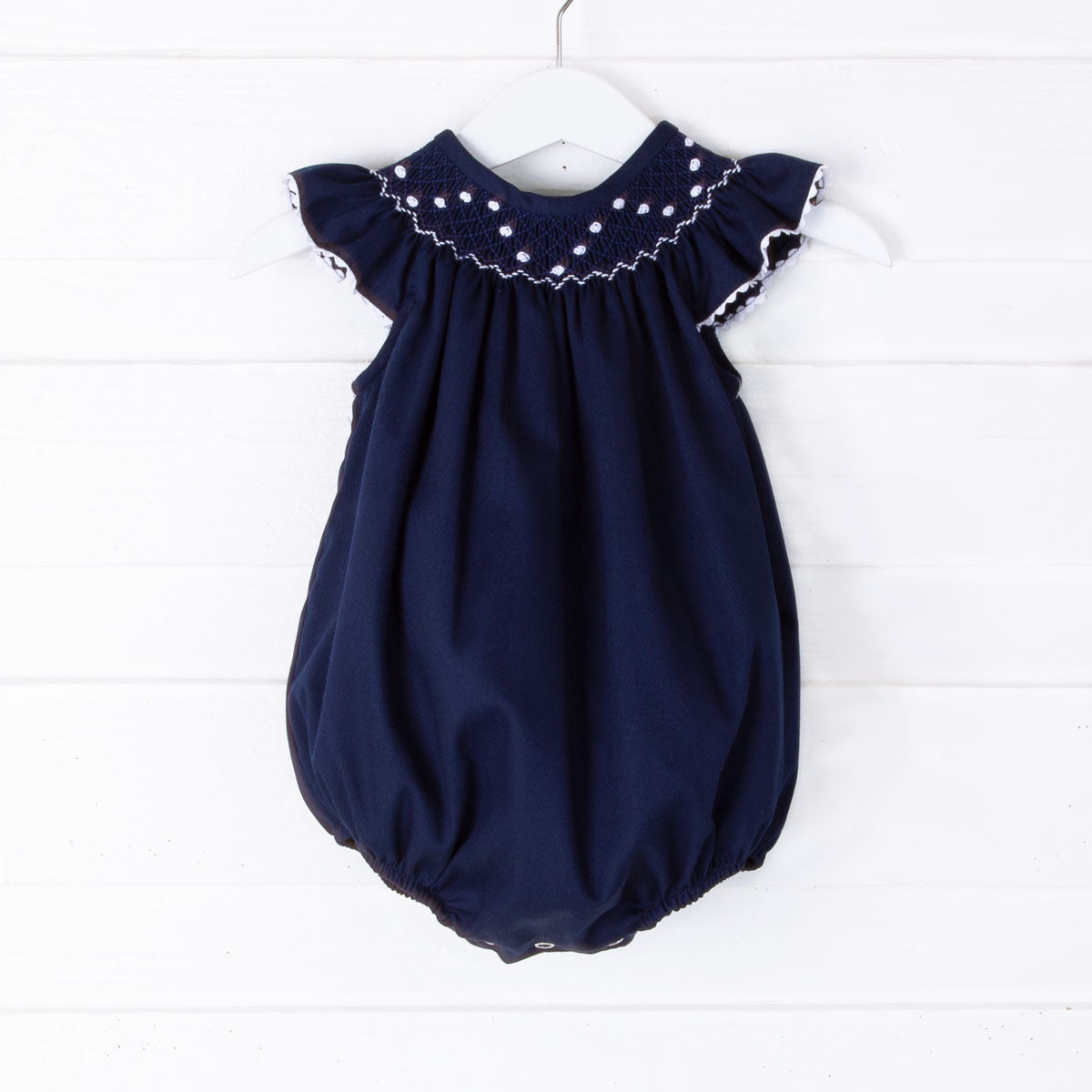 White Geometric Vine Smocked Bubble Navy Pique