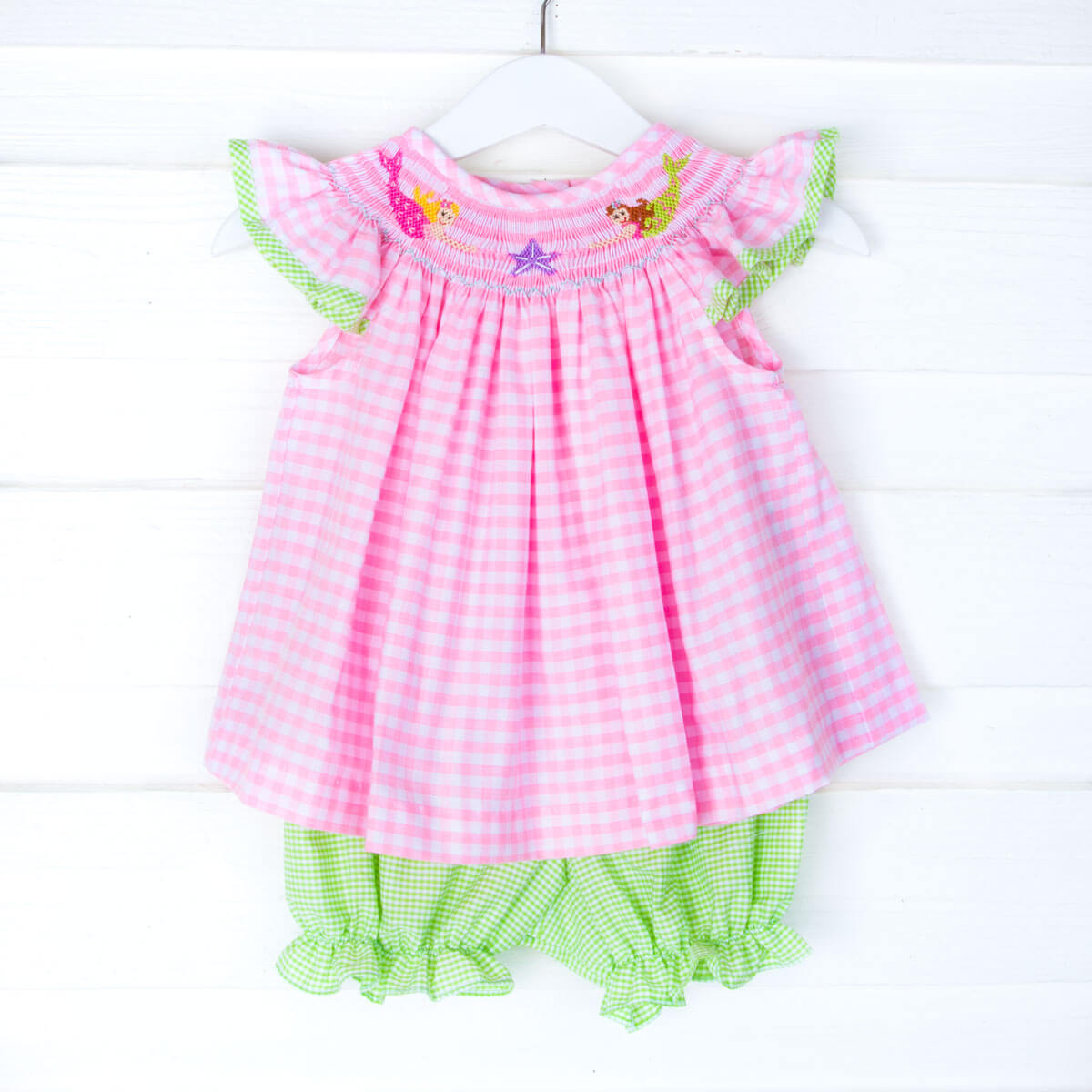 Mermaid Smocked Light Pink Check Bloomer Set
