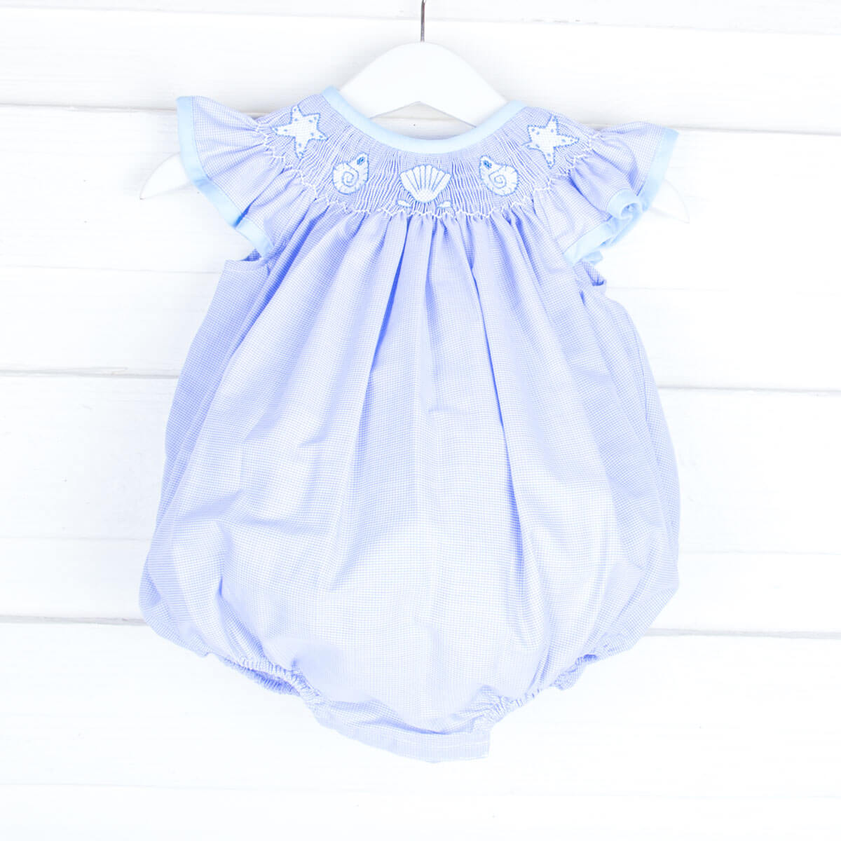 Seashell Smocked Light Blue Micro Gingham Bubble