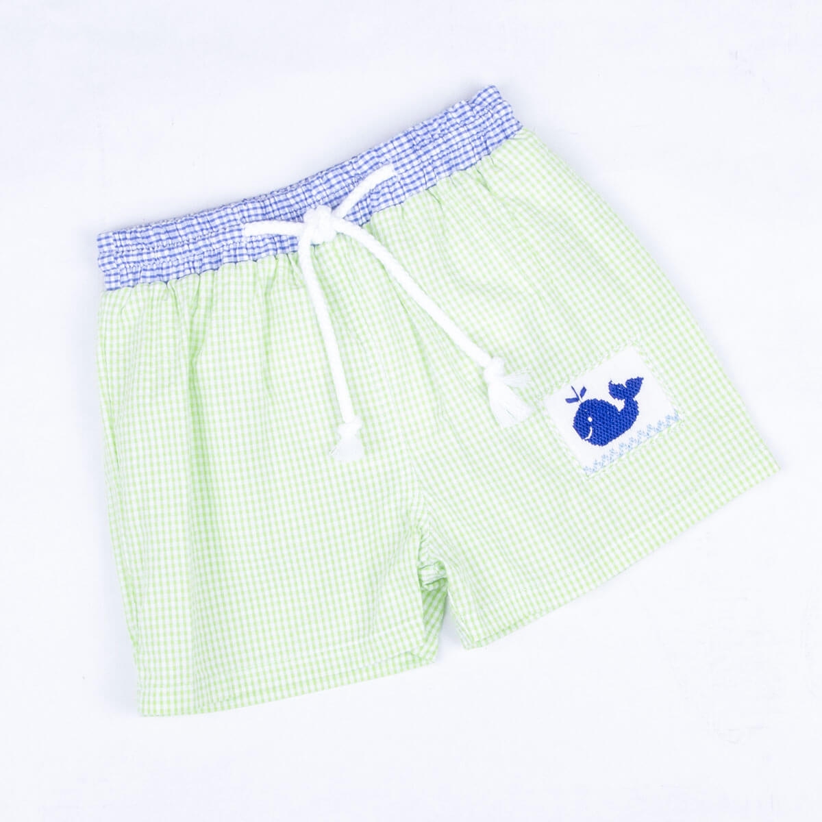 Green Gingham Whale Smocked Swim Trunks