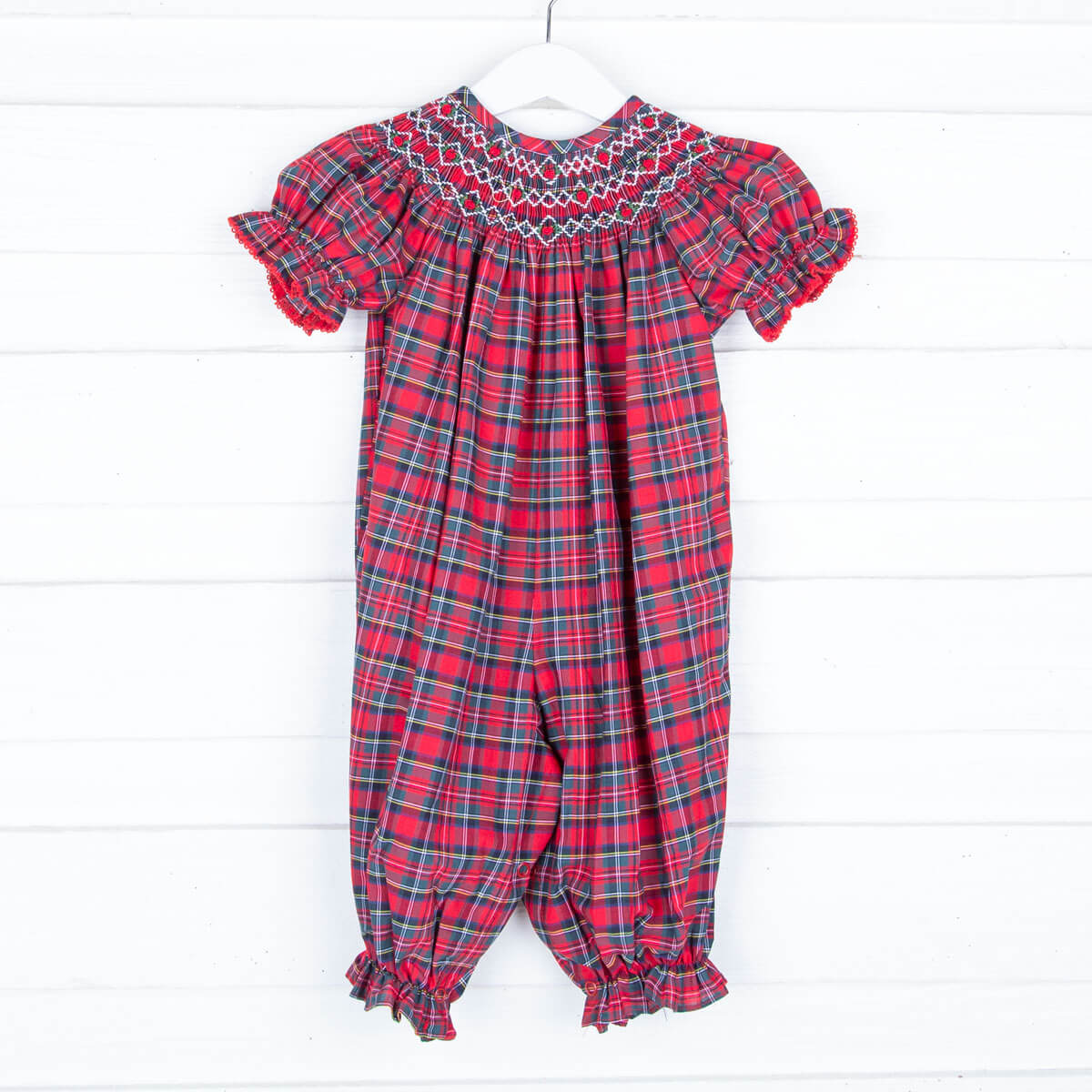 Geometric Smocked Red Plaid Long Bubble