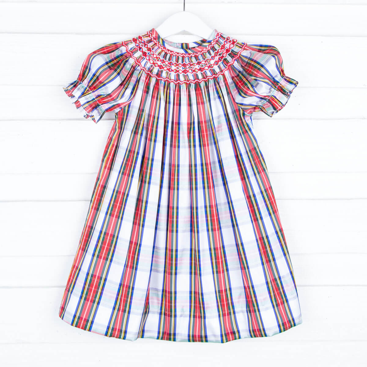 Festive Plaid Taffeta Geometric Smocked Bishop Dress