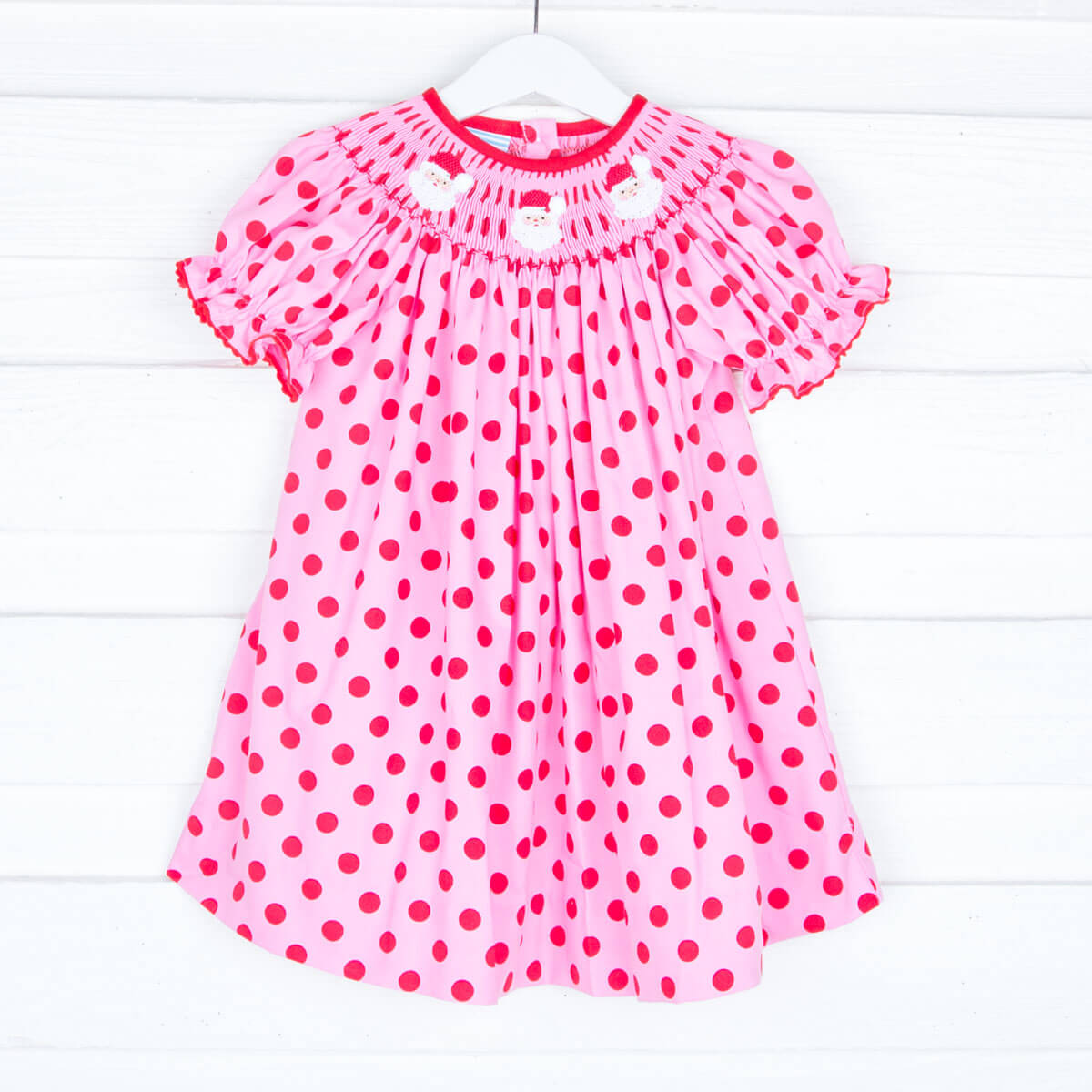 Smocked Santa Pink with Red Polka Dots Bishop Dress