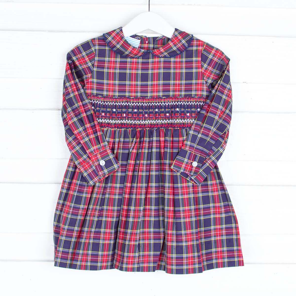 Geometric Smocked Vermont Plaid Long Sleeve Dress