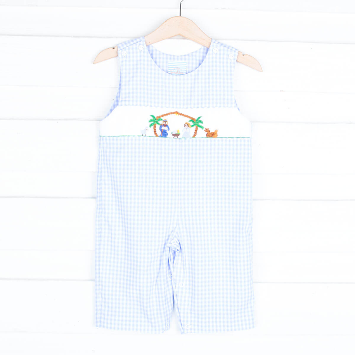 Smocked Nativity Light Blue Gingham Longall