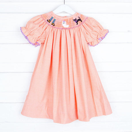 Smocked Halloween Orange Gingham Dress