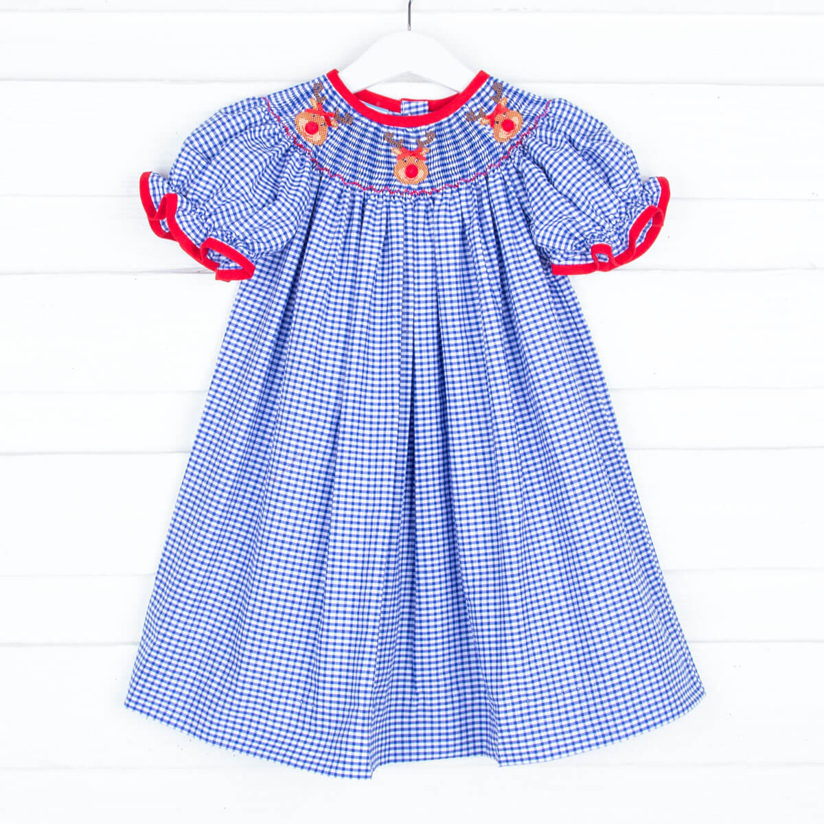 Rudolph Smocked Blue Gingham Bishop Dress