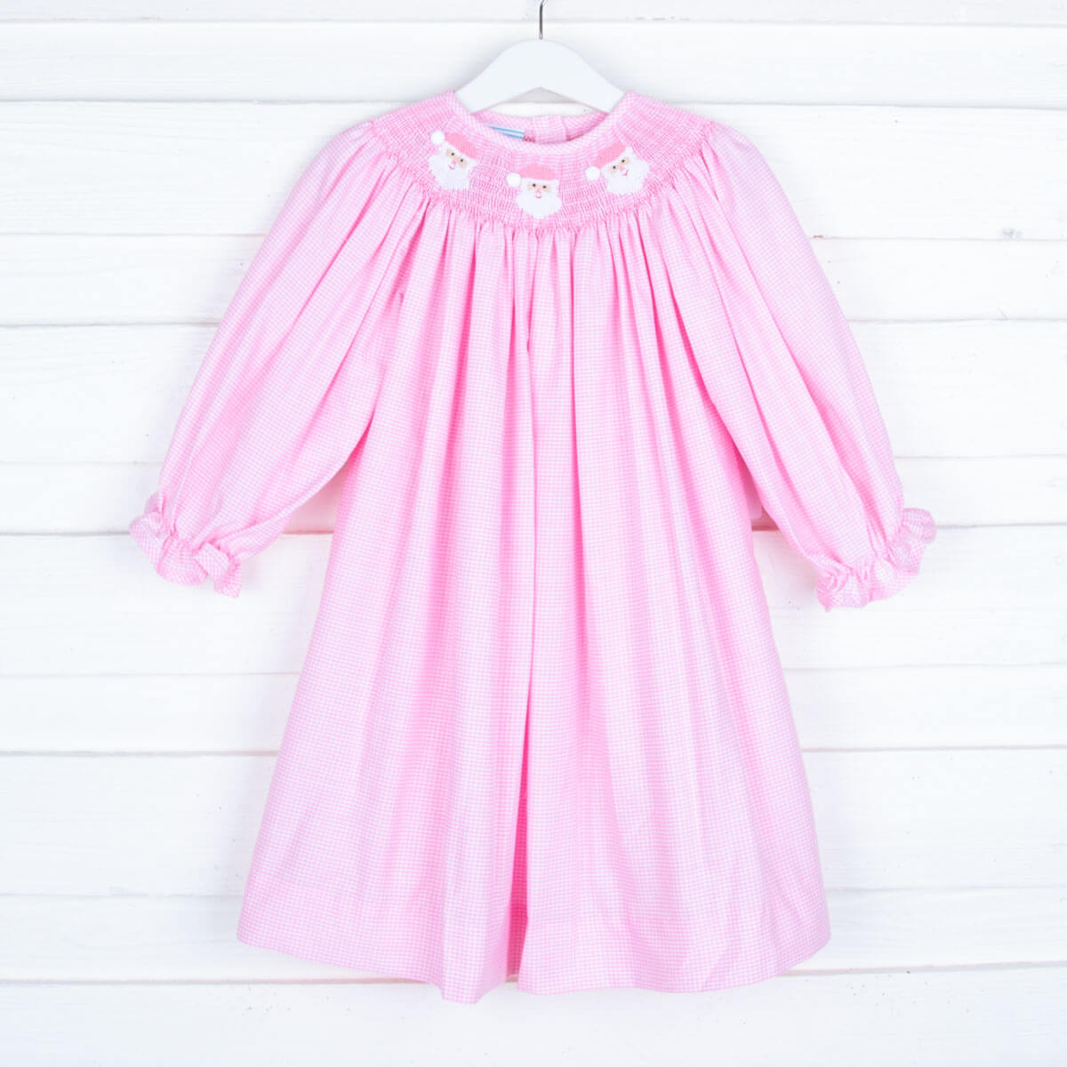 Pink Santa Smocked Long Sleeve Bishop Dress