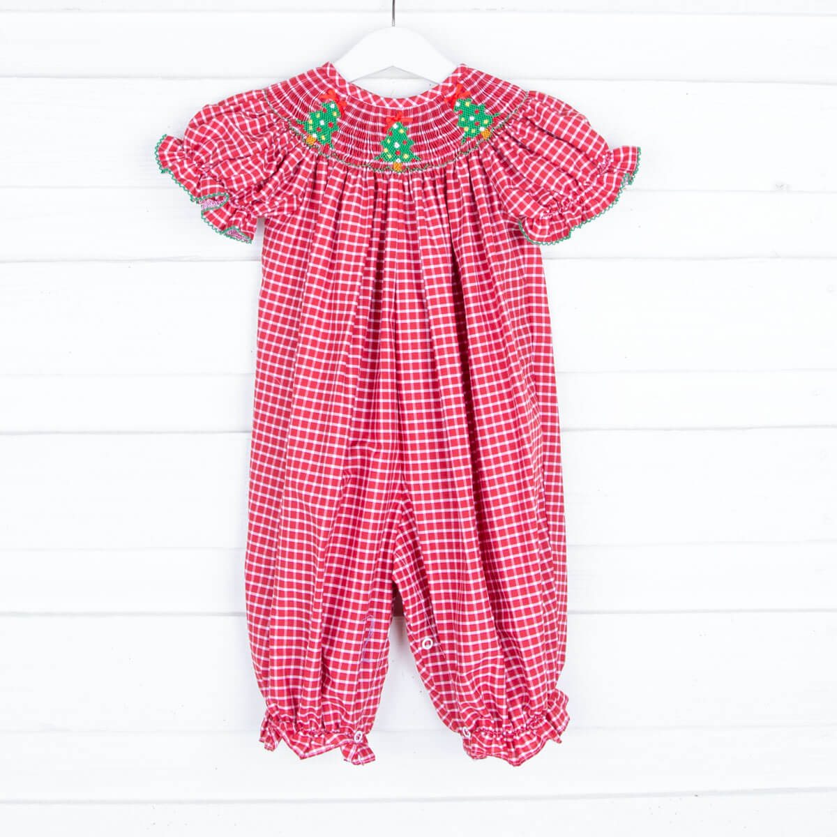 Smocked Christmas Tree Red Windowpane Long Bubble