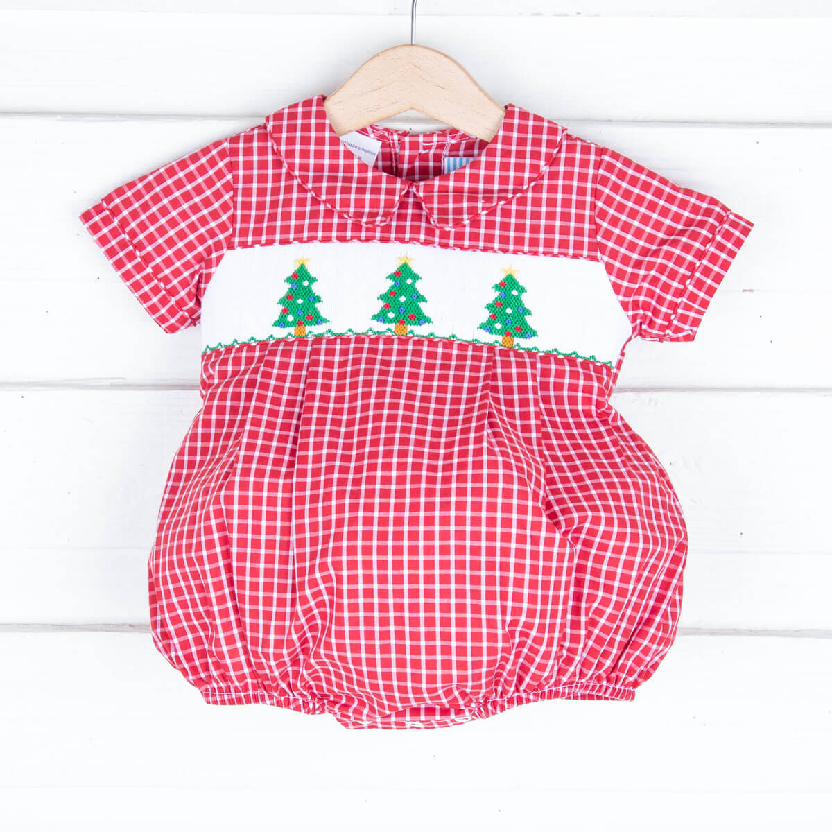 Smocked Christmas Tree Windowpane Collared Bubble