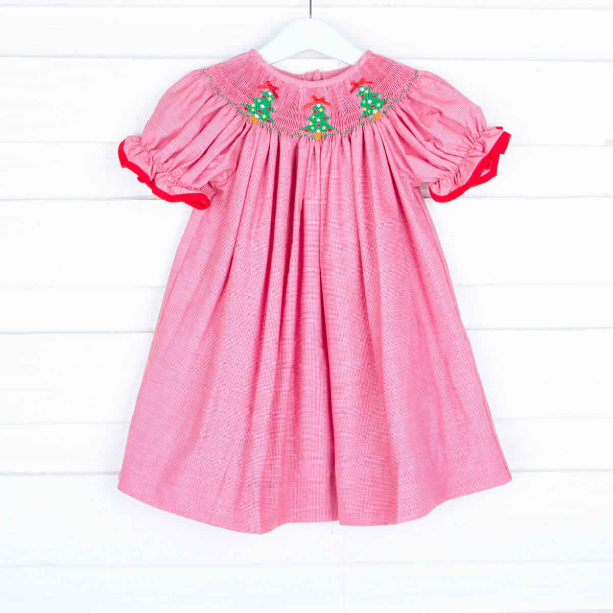 Twinkly Tree Red Smocked Bishop Dress