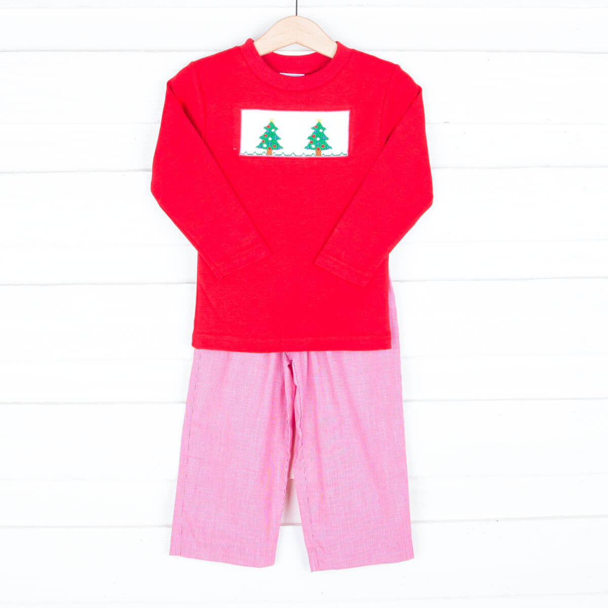 Smocked Christmas Tree Red Gingham Pant Set