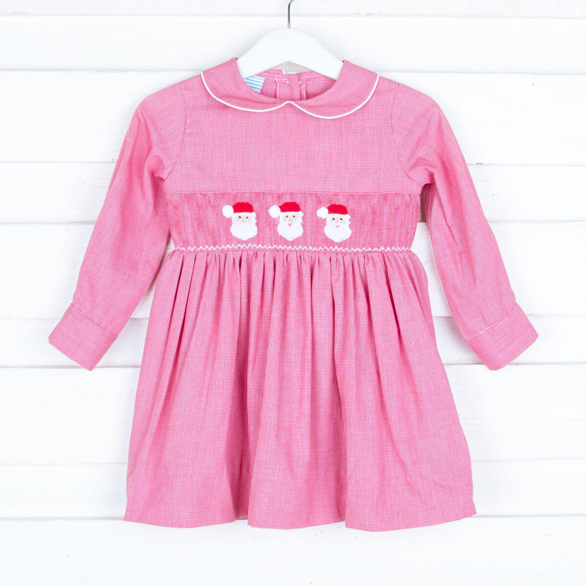Smocked Santa Long Sleeve Red Gingham Collared Dress