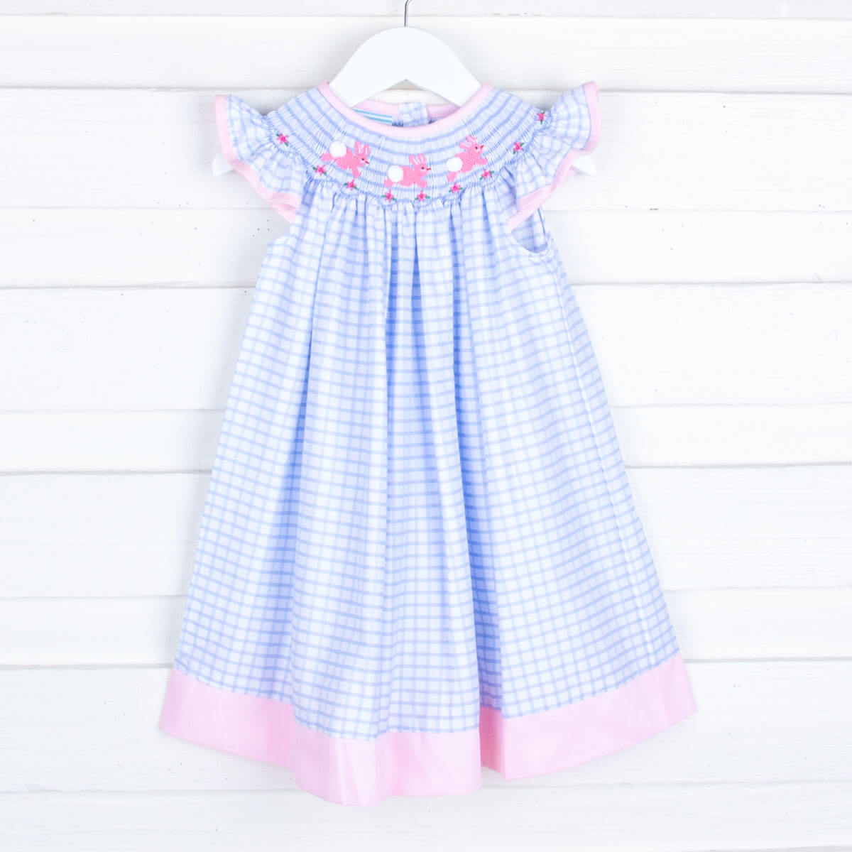 Blue Windowpane Bunny Smocked Dress