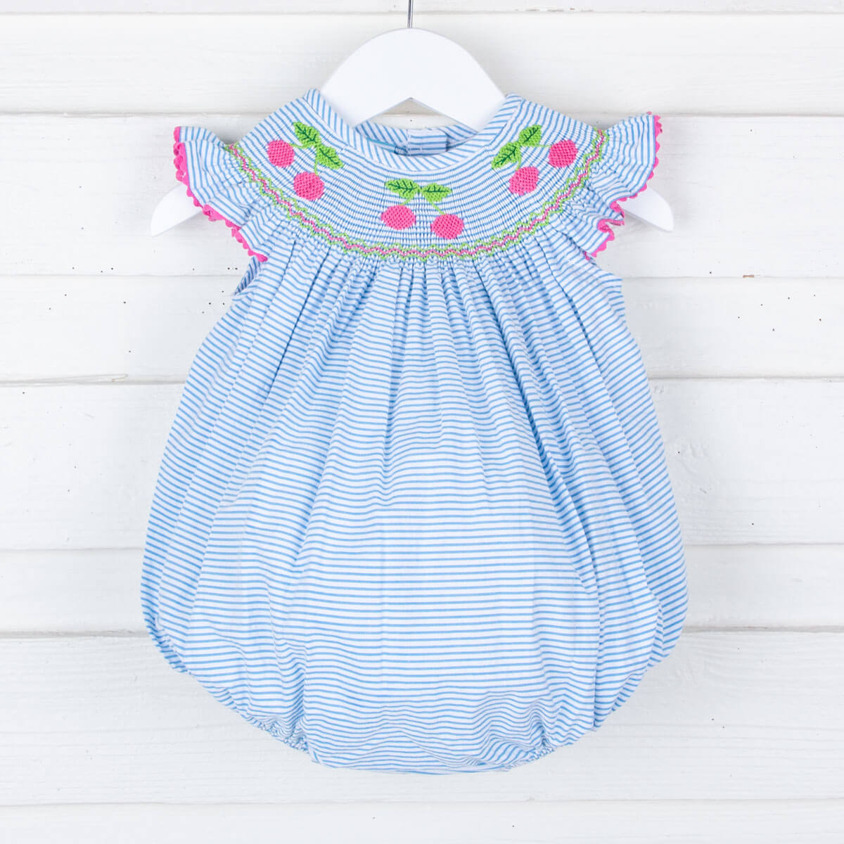 Cherry Smocked Turquoise Stripe Bubble