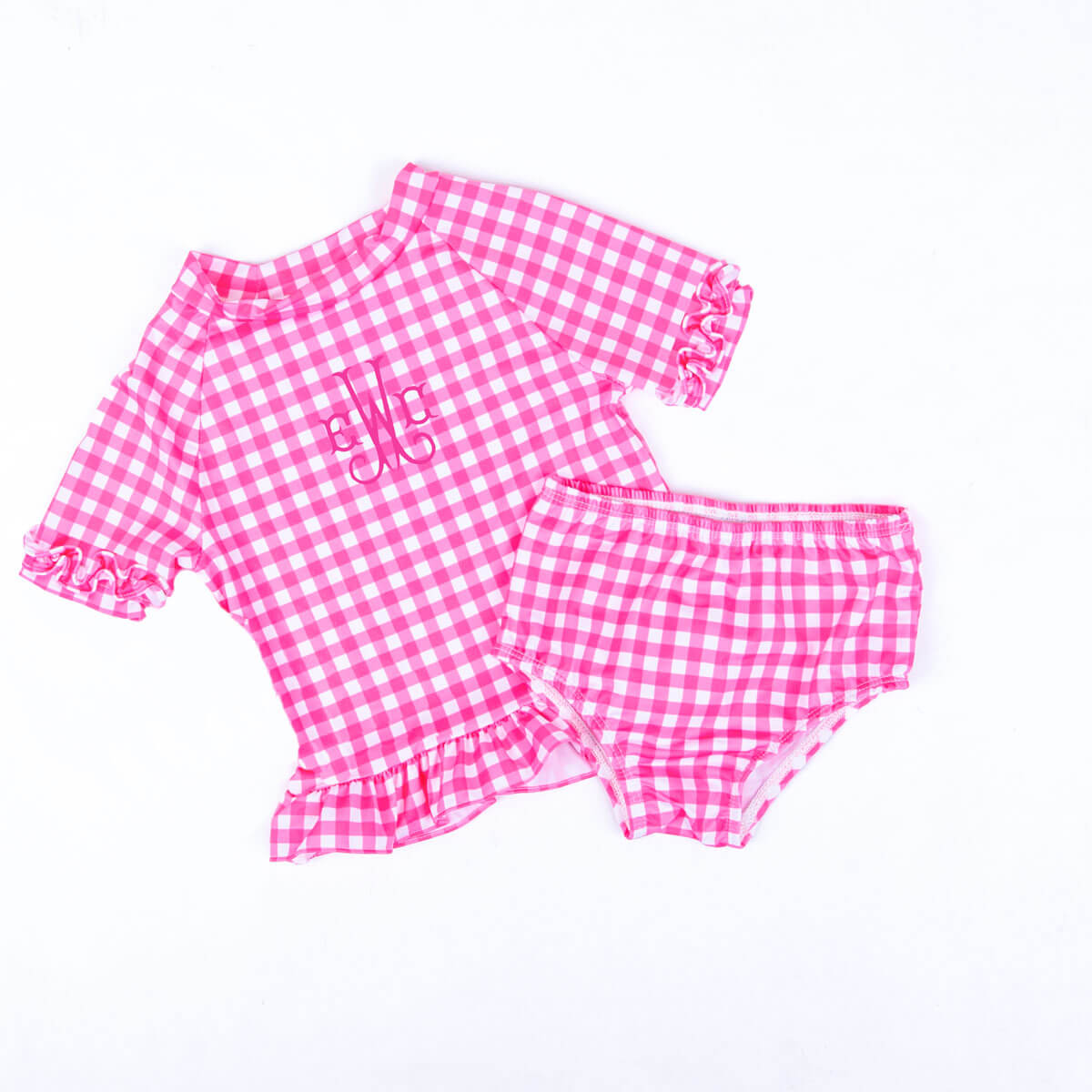 Hot Pink Gingham Short Sleeve Rash Guard Set