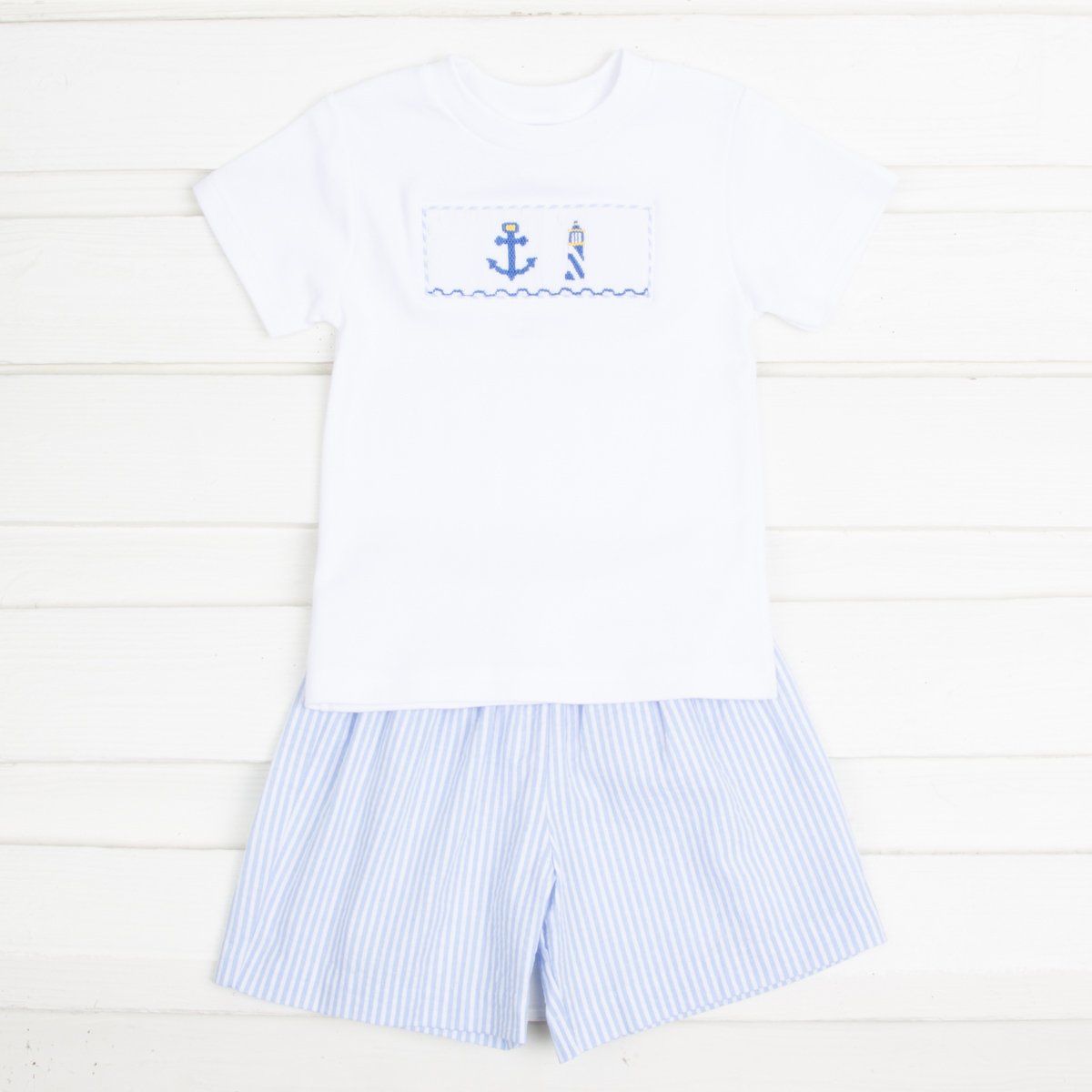 Anchor Smocked Short Set Blue Seersucker Stripe