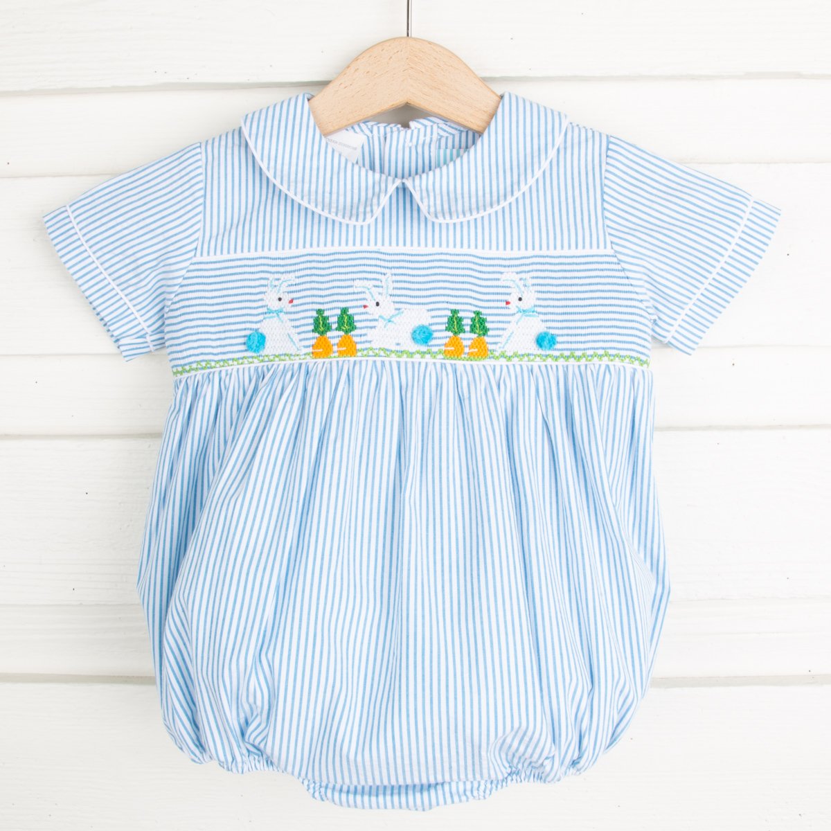 Bunny Garden Smocked Boy Bubble Turquoise Stripe Seersucker
