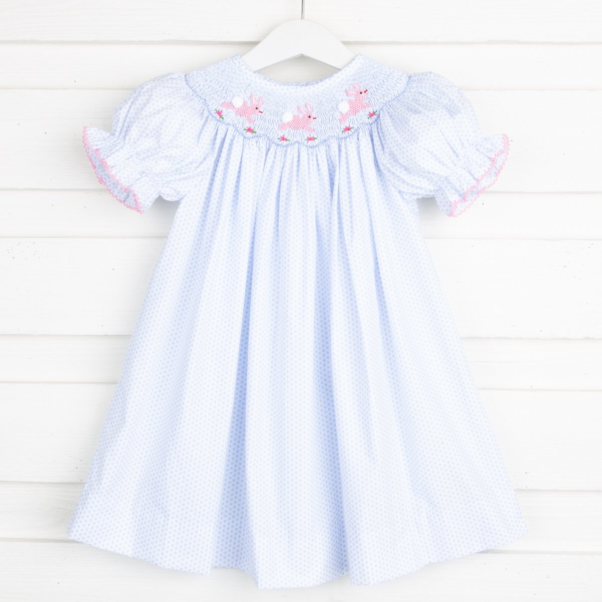 Bunny and Flowers Smocked Bishop Light Blue Dot