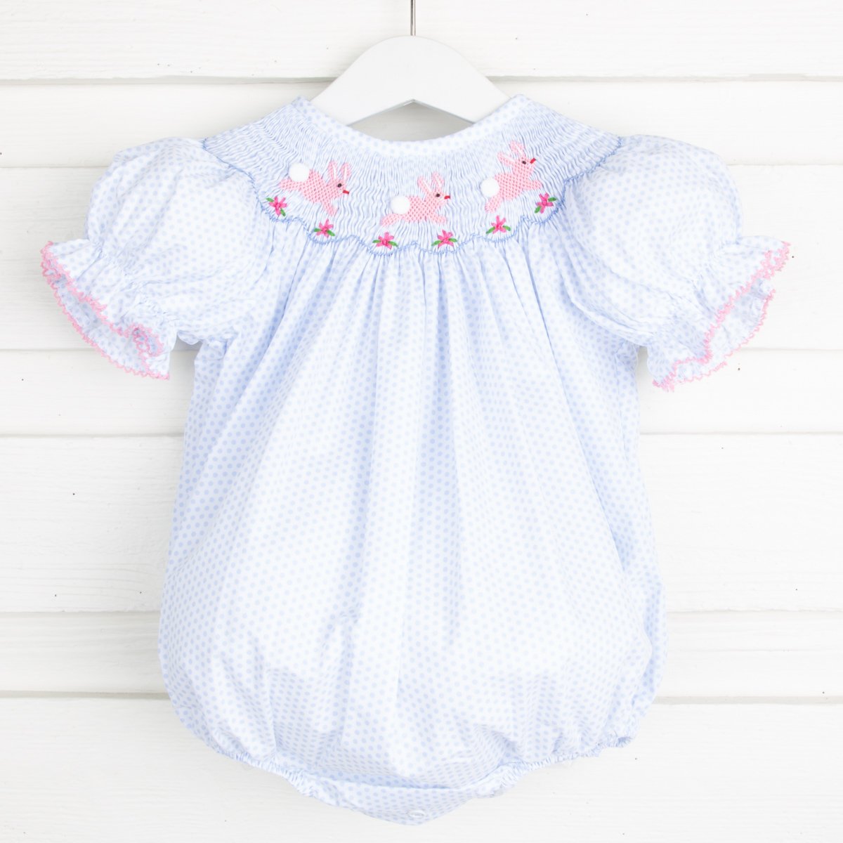 Bunny and Flowers Smocked Bubble Light Blue Dot